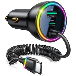 SQ-CGR014 70W Car Charger for iPhone 16/15 Pro Max, USB C Car Charger Fast Charging with 5.2Ft Type C Coiled Cable, Super Fast USBC Phone Cigarette Lighter Adapter for 17 iPhone 16e,iPad,Samsung,Android