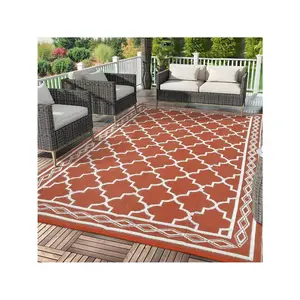 Red and white - 9*12 feet  Waterproof Outdoor Area Rug Modern Plastic Straw Camping Stain Resistant Carpet Geometric Reversible Floor Mat UV-Resistant Light Weight Portable  Indoor Outdoor Area Rug For Backyard Deck Picnic Porch Beach RV Trip