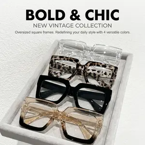 4 pairs of oversized square plastic sunglasses—bold, chunky, and retro-chic—with clear lenses, perfect for the beach, travel, and photography. Unisex sunglasses.