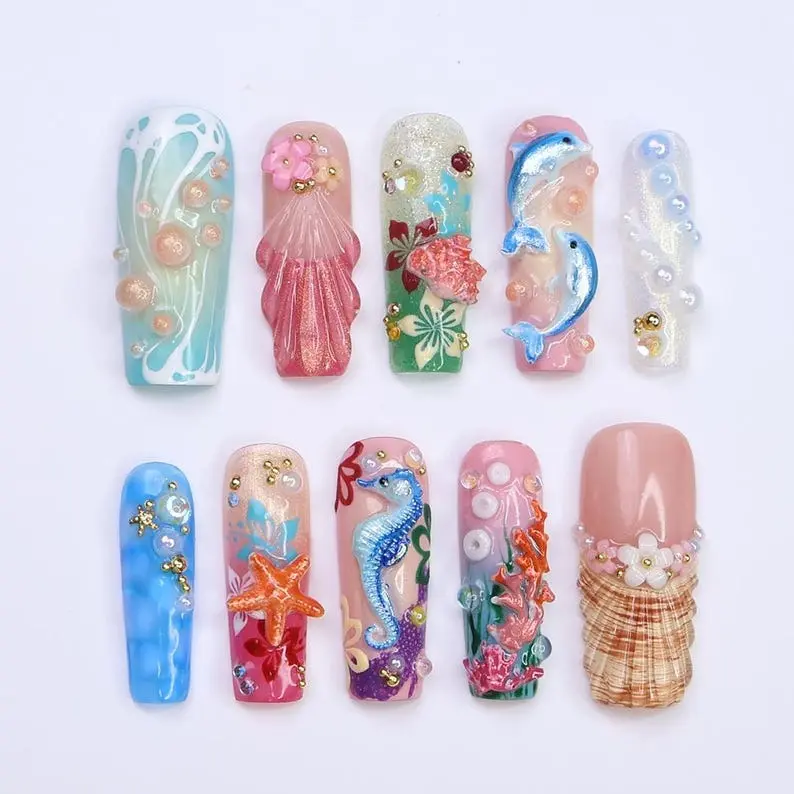 Handcrafted Under the Sea Press-On Nails – Vibrant Summer Beach Nail Box with 3D Coral Reefs, Pearls & Water Droplets