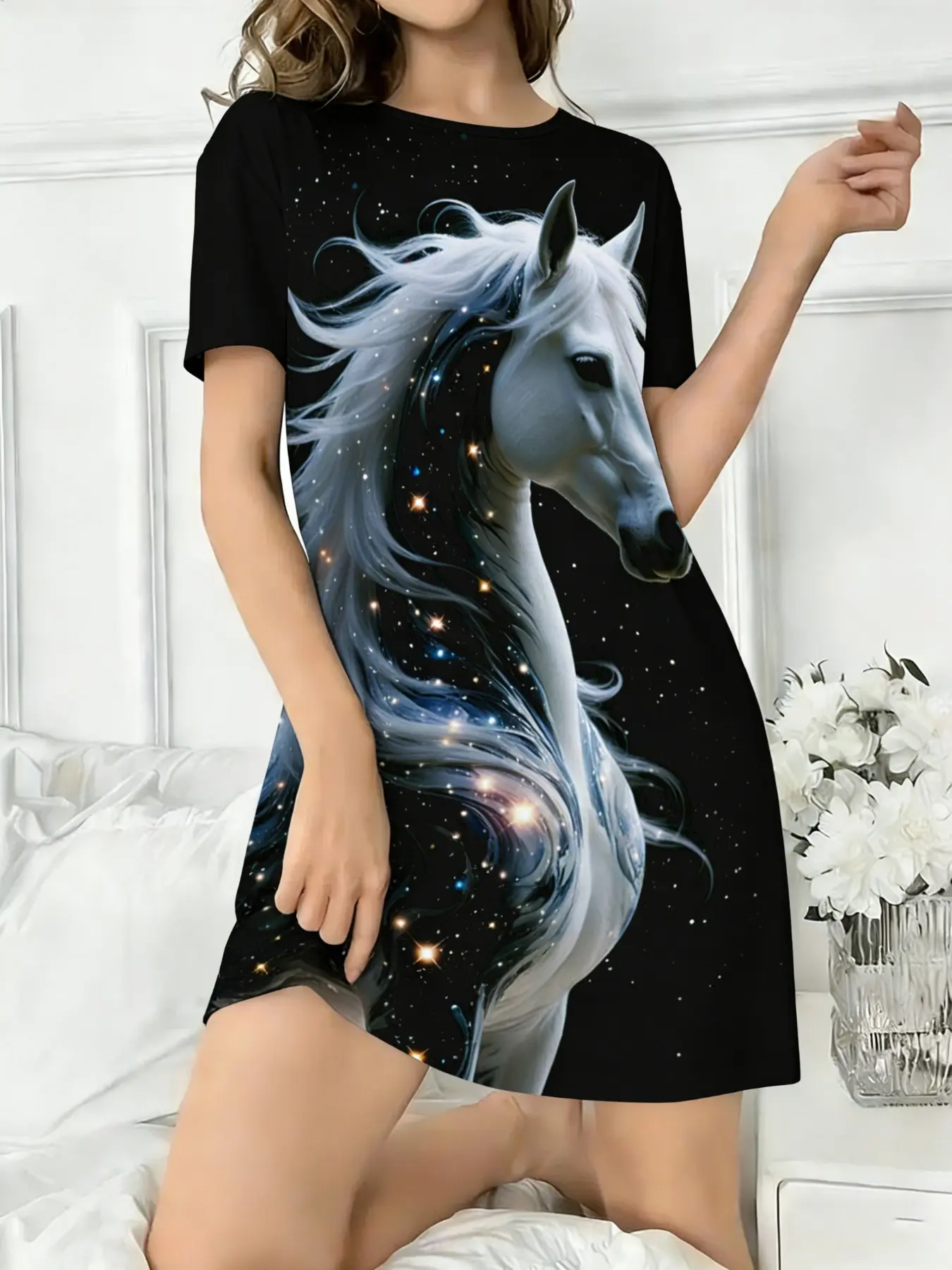 Women's Round Neck Short Sleeve Sleepwear Loungewear, Pajamas Home Wear, Colorful Dreamy Star Horse Pattern, Front Back Printed Home Clothes, Casual Style, All Seasons