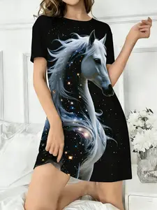 Women's Round Neck Short Sleeve Sleepwear, Colorful Dreamy Star Pattern, Front Back Printed Home Clothes, Casual All Seasons