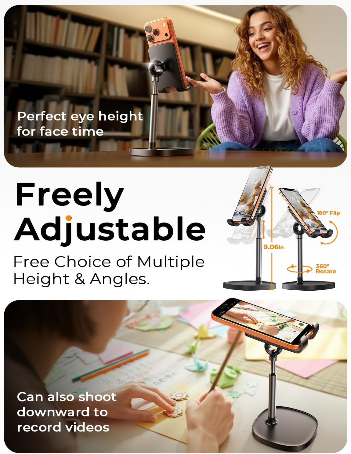 Adjustable Cell Phone Stand Phone Holder for Desk Office Decor Ergonomic Design Fits OtterBox Case Switch iPad Air Tablet 4-10 in Silicone Padding Secure Support