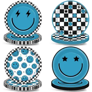 48Pcs Blue Smile Face Party Decoration 7inch One Happy Dude Paper Dessert Plates Blue Checkered Smile Face Paper Plates Lightning Star Checkered Tableware Set for Birthday Baby Shower Party Supplies