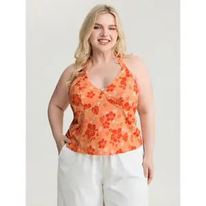 BLOOMCHIC Women's Plus-Size Pure Cotton Sleeveless Halter Neck Tank Top - Fitted Sunkissed Crop Clothes with Tie Neckline, Multicolor Summer 2026 Mother's Day Pick, Breathable Fabric, Plus Size Clothes 2026 Summer Vibes Swimweek