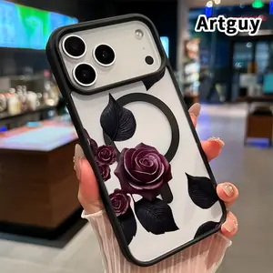 Magnetic Case Compatible with iPhone 17 Pro Max 16 Plus 15 14 13 12 11 XR Air E Dark Rose Charm Clear Acrylic Back Drop Protection Pocket-Friendly Cellphone Cover Gift for Boy