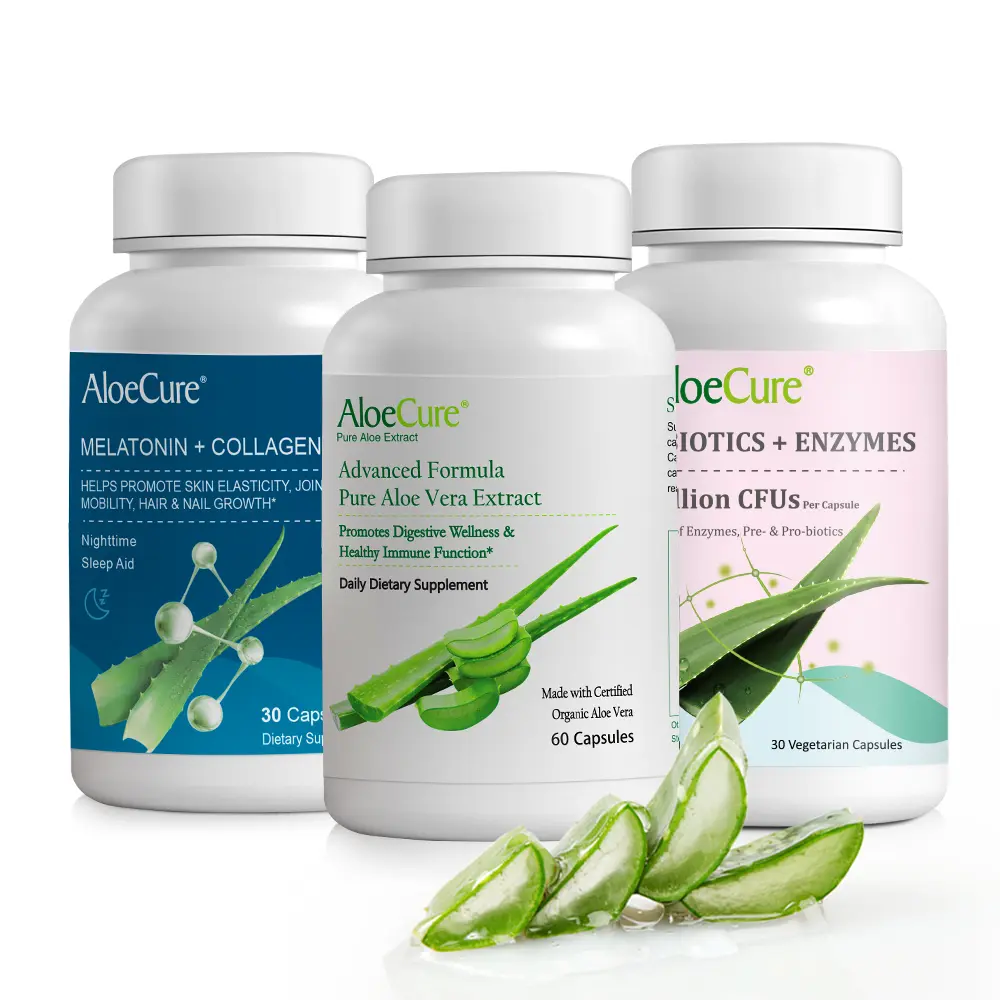 AloeCure Organic Aloe Vera Capsules Supplement Pack - 3 Pieces, ECOCERT Certified, Gluten-Free, Dairy-Free, with Melatonin, Collagen, Probiotics for Bloated Stomach Relief