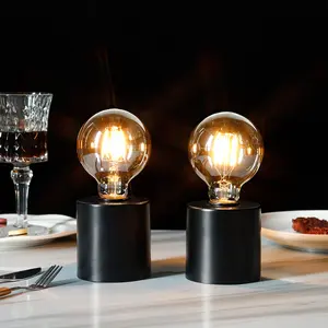 Set of 2 Black Table Lamp Battery Powered 7" Tall Cordless Lamp Light with Edison Style Bulb Battery Operated Great for Living Room Bedroom Weddings Parties Patio Events Indoors Outdoors Stainless Steel