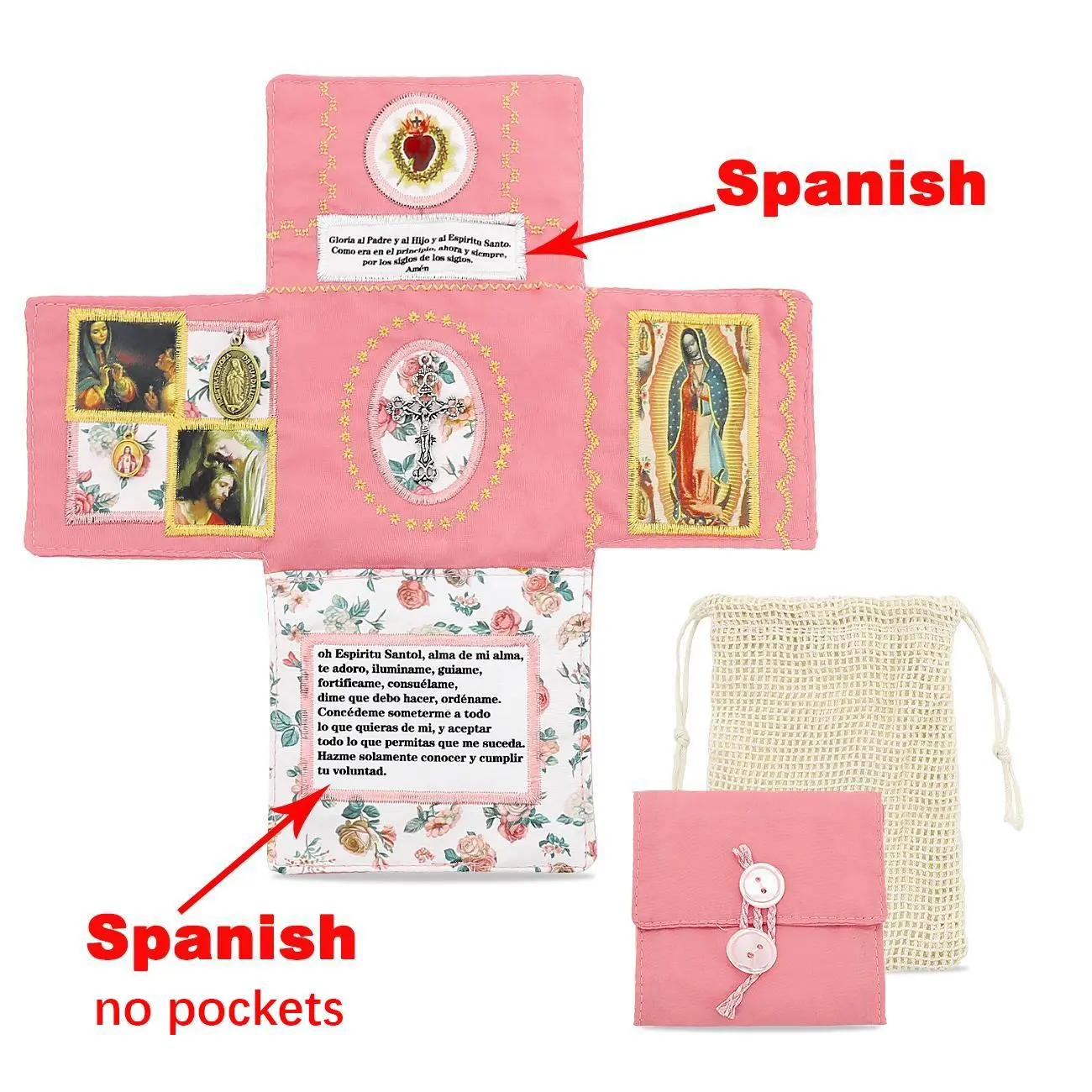 Handmade Catholic Prayer Pocket Set - Cross Design Ornaments, Sacred Heart, Virgin Mary Crucifix, Spanish Prayer Text, Linen Drawstring Bag, Bible Card | Religious Gifts for Grandma | Spiritual Comfort for Travel, Home Altar (Back to School Ready)