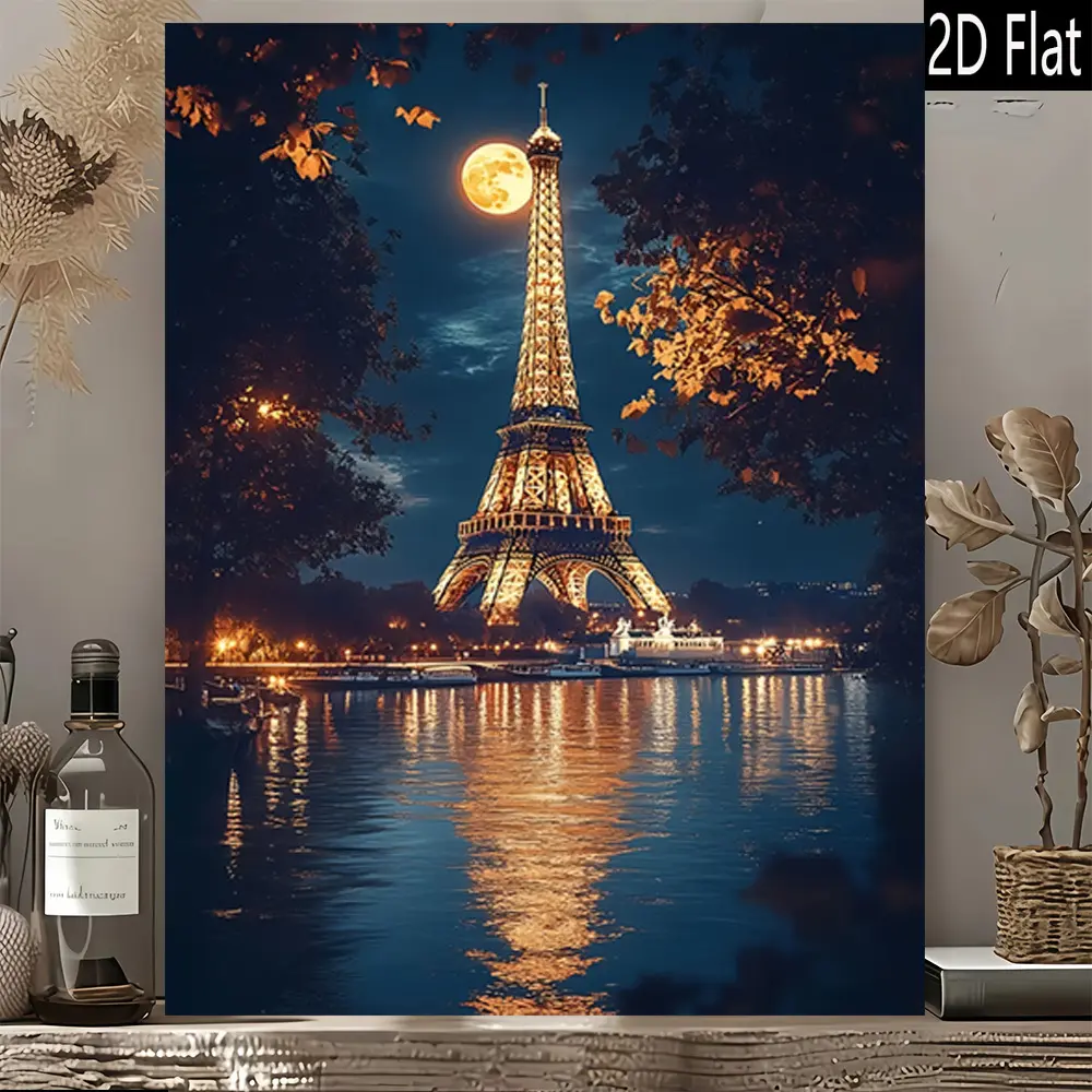 Artistic Paris Eiffel Tower Night Canvas Wall Artwork - Full Moon Cityscape Poster Print, Romantic France Travel Home Decoration, Framed/Unframed Option for Bedroom Hanging Gift