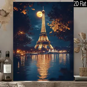 Paris Eiffel Tower Night Canvas Wall Art, Full Moon Cityscape Poster Print, Romantic France Travel Decor for Bedroom Living Room Office, Unframed or Framed Canvas Poster