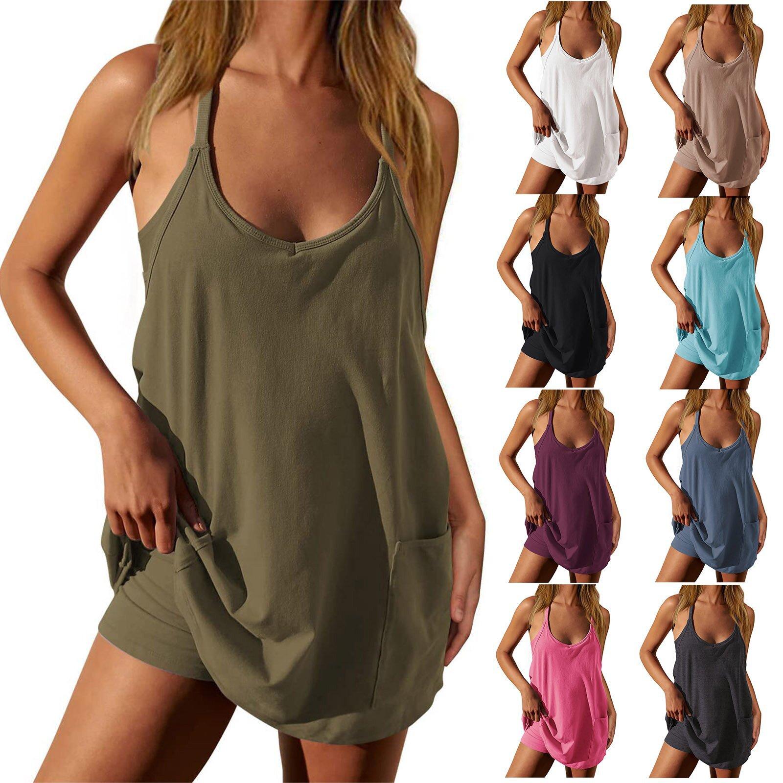 Women's Summer Sleeveless Mini Dress with Built-in Shorts V Neck Spaghetti Straps Athletic Shorts Tennis Dress with Pockets