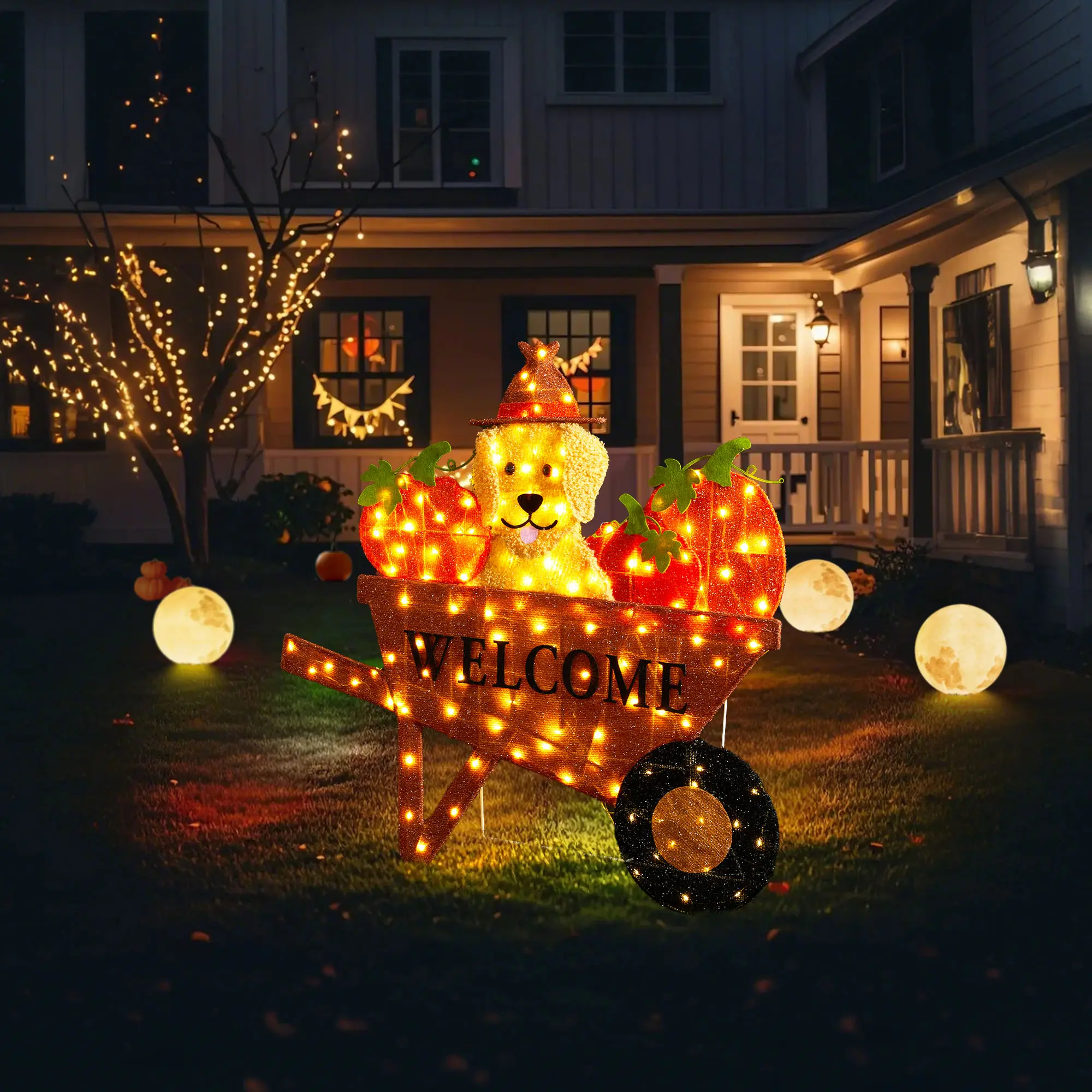 Glitzhome 36.25" L Lighted Fall Pumpkin Wheelbarrow with Labrador, Metal Frame, 130 White LED Lights, Easy Assembly Outdoor/Festive Decor for Entryways (KD)