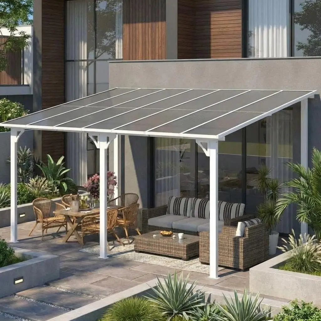 Sturdy 10x20 FT Rectangular Hardtop Gazebo - Wall-Mounted Heavy Duty Metal Frame, Galvanized Steel Corrosion-Resistant Flat Top Roof, Built-In Gutters, Linkable Lean-To Pergola, 60 MPH Wind Resistance for Outdoor Deck, Backyard