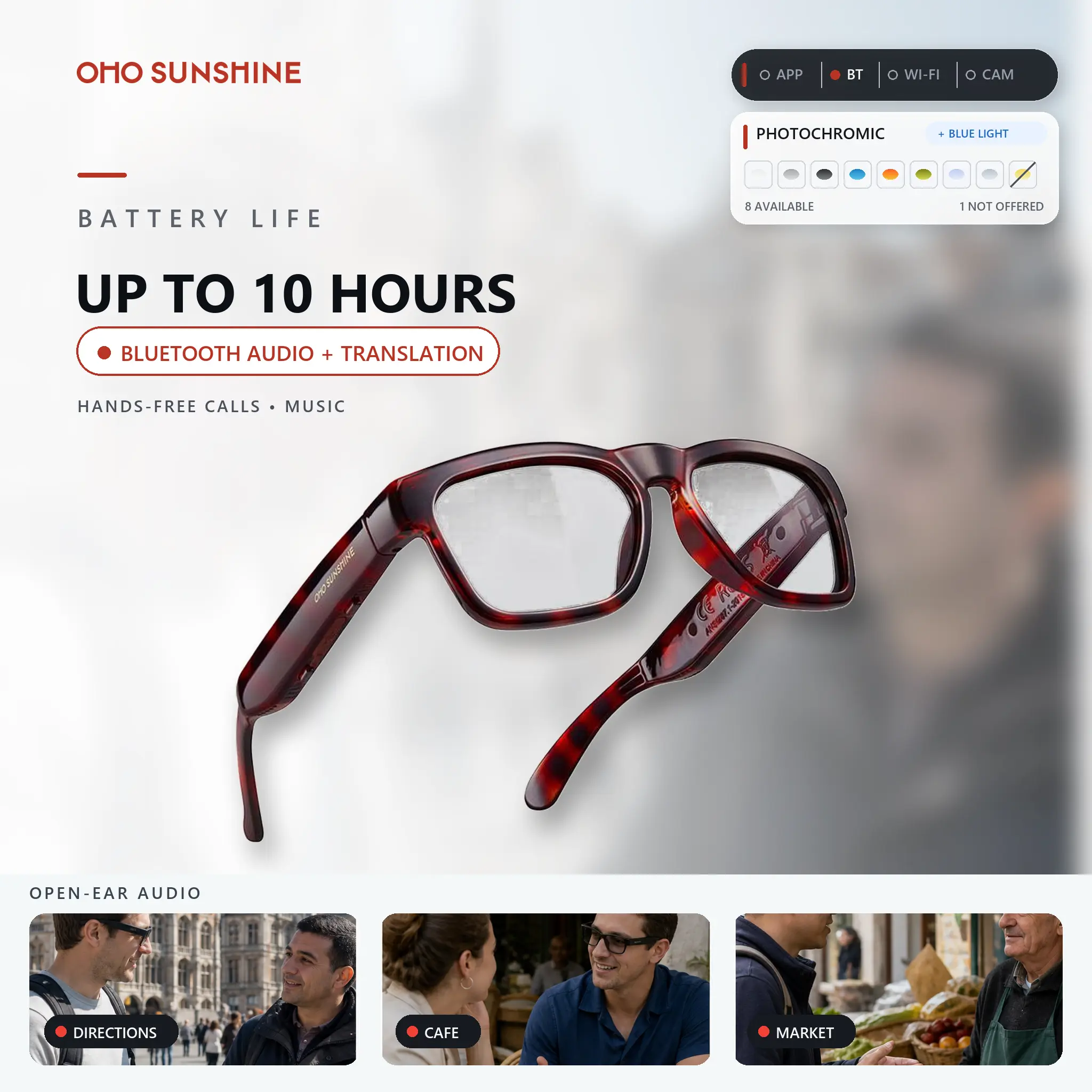 OhO Sunshine Elingo Smart Translation Glasses - 36g Lightweight Outdoor Unisex Adult Wireless Bluetooth Wearable, Open-Ear Audio, 164-Language Real-Time Translation, Voice Control, Music, Calls, Father's Day Gift