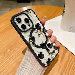 Black Cherry Leopard Print Bow Pattern Clear Magnetic Phone Case , Compatible with MagSafe Silicone Bumper Protective Cover For iPhone X XS 11 12 13 14 15 16 17 Pro Max Plus Air