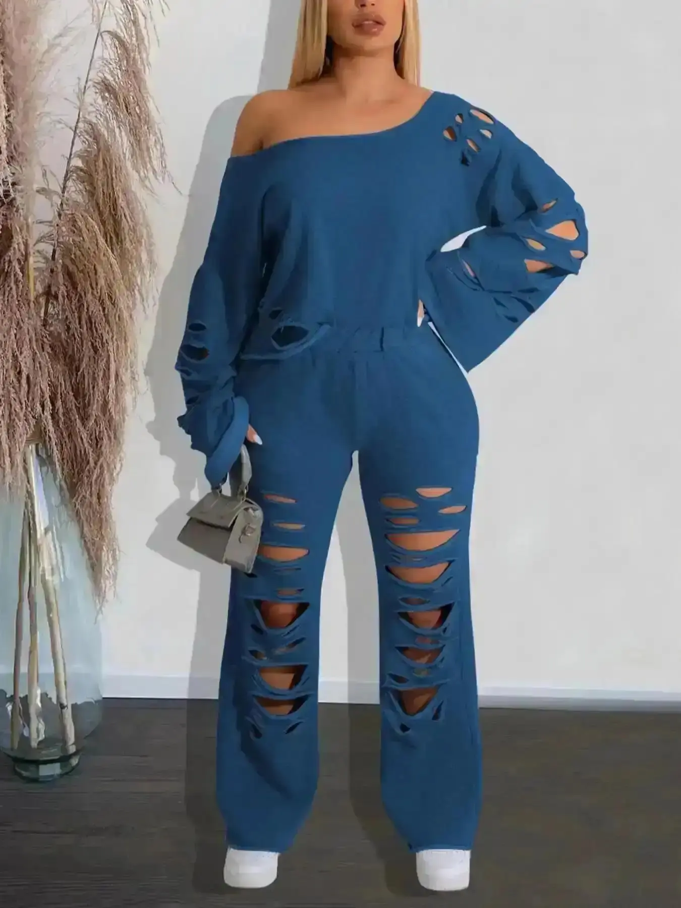 Stylish Casual Women's Set, Asymmetrical One Shoulder Cut Out Top & Flared Leg Elastic Waist Pants Set, Solid Chic Long Sleeve & Bell Bottom Trousers, Minimalist Womenswear, Co-ord Sets for Ladies, Fall outfit Tre
