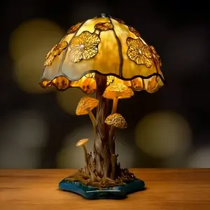 Fairytale-style 3D mushroom resin night light, featuring a gold-patterned lampshade and a realistic tree stump base with built-in LED light. A soft-light bedside lamp for the bedroom or a decorative table lamp for the living room.