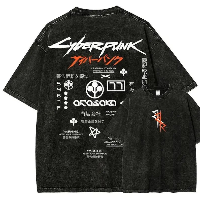 Men's Crew Neck Acid Wash Baggy Tees - Arasaka Corporation Cyberpunk Edgerunners Double Print Graphic Heavyweight Cotton Short-Sleeve Unisex Top, Vintage Anime Techwear, Night City Harajuku Casual Cold Wash Menswear