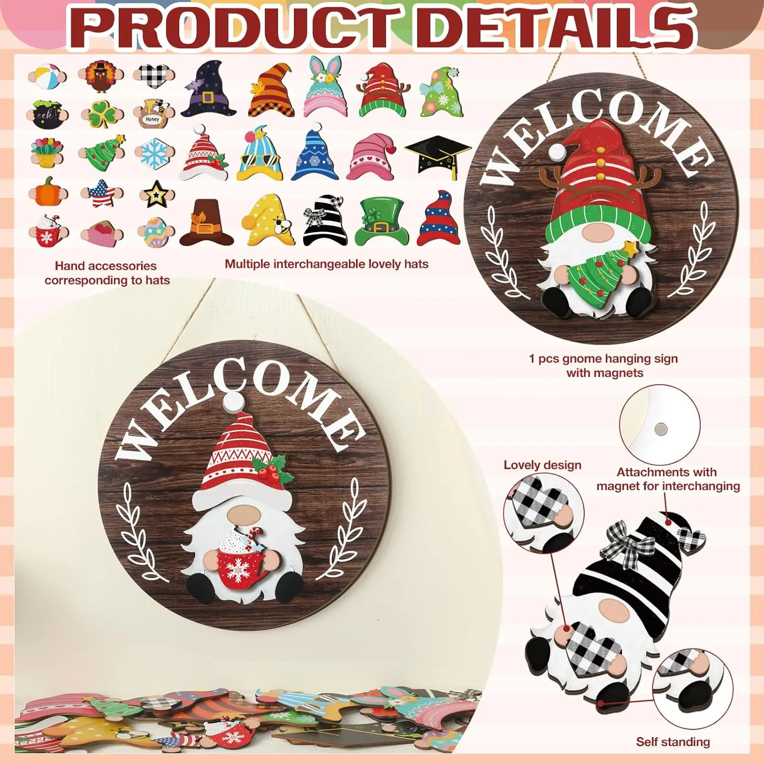 Interchangeable Wooden Gnome Decor Holiday Seasonal Gnome Decorations with Magnet Pieces and Detachable Hats Changeable Welcome Sign for Home(Attractive Style) Interchangeable Wooden Gnome Decor Holiday Seasonal Gnome Decorations with Magnet Pieces and Detachable Hats Changeable Welcome Sign for Home(Attractive Style)