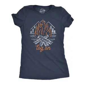 Womens Log On T Shirt Funny Camping Campfire Bonfire Woods Nature Graphic Novelty Tee Funny Womens T Shirts Cute Vintage Fashion Casual Ladies T-Shirt Gift Camping Tops for Women Funny Meme Top Women's Novelty Navy