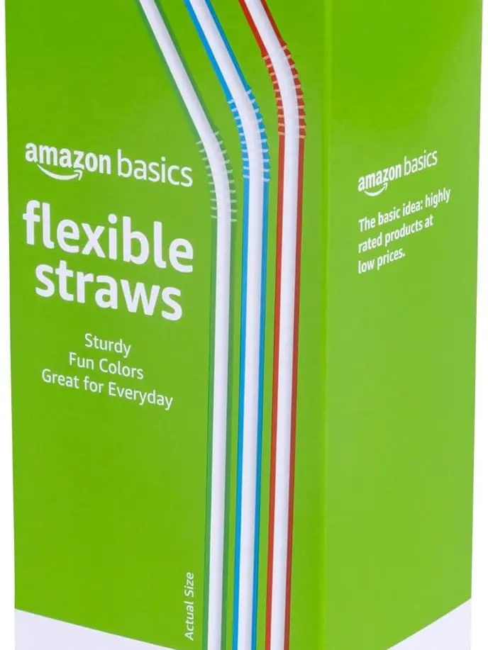 Basics Disposable Striped Plastic Flex Straws, BPA Free, Food-Safe, 7.5" Long, Assorted Colors, 100 Count