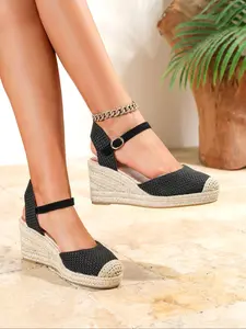 Women's Fashionable Stylish Classy Elegant Solid Color Espadrilles, Casual Comfortable Platform Wedge Sandals for Beach, All-match Ankle Strap Sandals for Daily Wear, Girl, Buckle Design Wedge