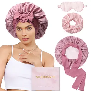 AWAYTR 100% Mulberry Silk Bonnet for Sleeping Women's Double Layer Tie Band Silk Sleep Cap Nightcap with Silk Sleep Eye Mask Silk Hair Scrunchies