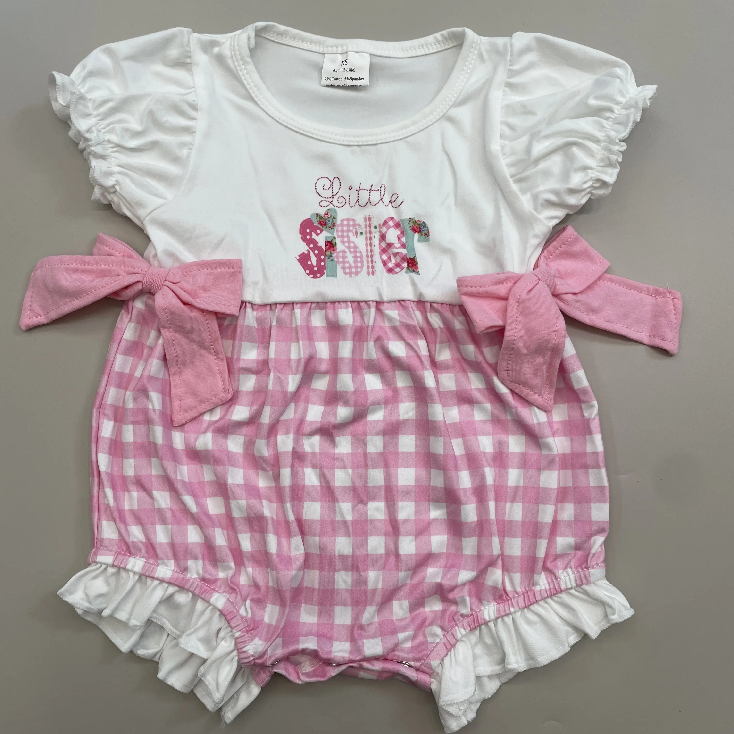 Baby Girls 'Little Sister' Graphic Romper, Cute Cotton Blend Onesie Bodysuit with Ruffle Sleeves and Bow for Summer, Baby Girls Clothing, Drop Shoulder, 2T