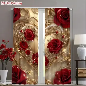 2pcs Valentine's Day Patterns of golden hearts and red roses Print Curtains, Semi-Transparent Polyester, Fade Resistant, Hand Washable, Home Decor