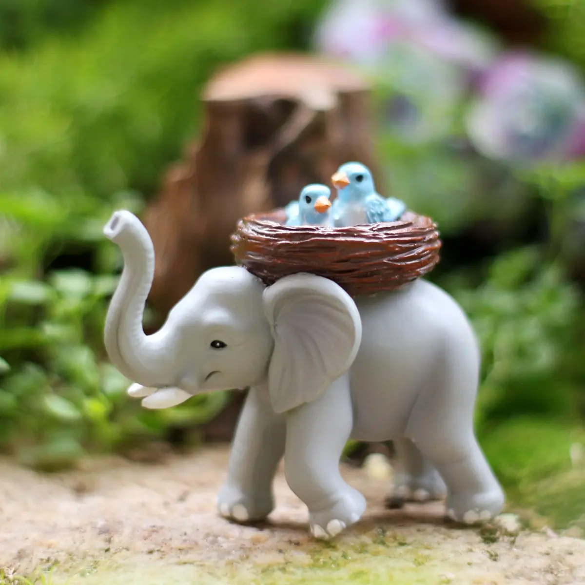 Mini Resin Elephant Figurine with Blue Birds Nest, UV and Weather Resistant, Dustproof, Waterproof, No Maintenance, Fairy Garden, Bonsai, Terrarium, Micro Landscape Decor, Adorable Gift for Home and Office Desk, Ideal for Plant Lovers