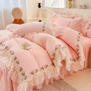 Floral Chic Lace Ruffled Bedding Set, 1 Duvet Cover + 1 Pillowcases Set,Girl French Princess Style Bedding-2 Piece Twin Duvet Cover with Zipper Closure -Ultra Soft and Light Weight-No Comforter