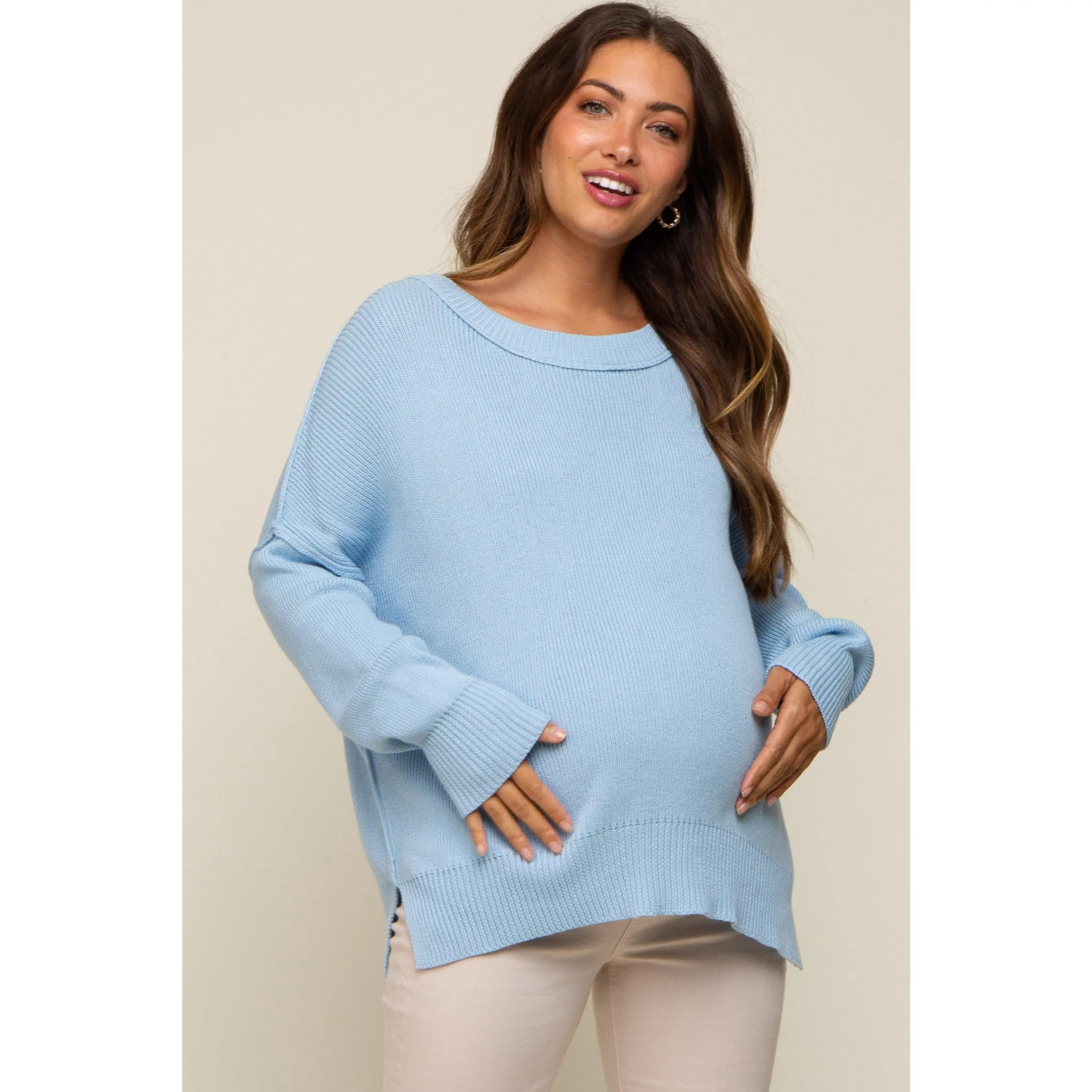 Light Blue Exposed Seam Side Slit Maternity Sweater, Maternity Top, Pregnancy Maternity Clothing & Accessories