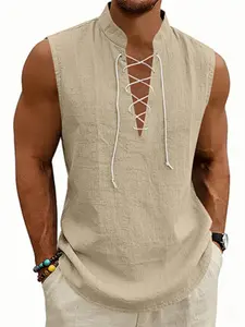American Summer Loose Fit Men's Viking Medieval Drawstring Linen Breathable Sleeveless Vest, Comfortable and Stylish Design