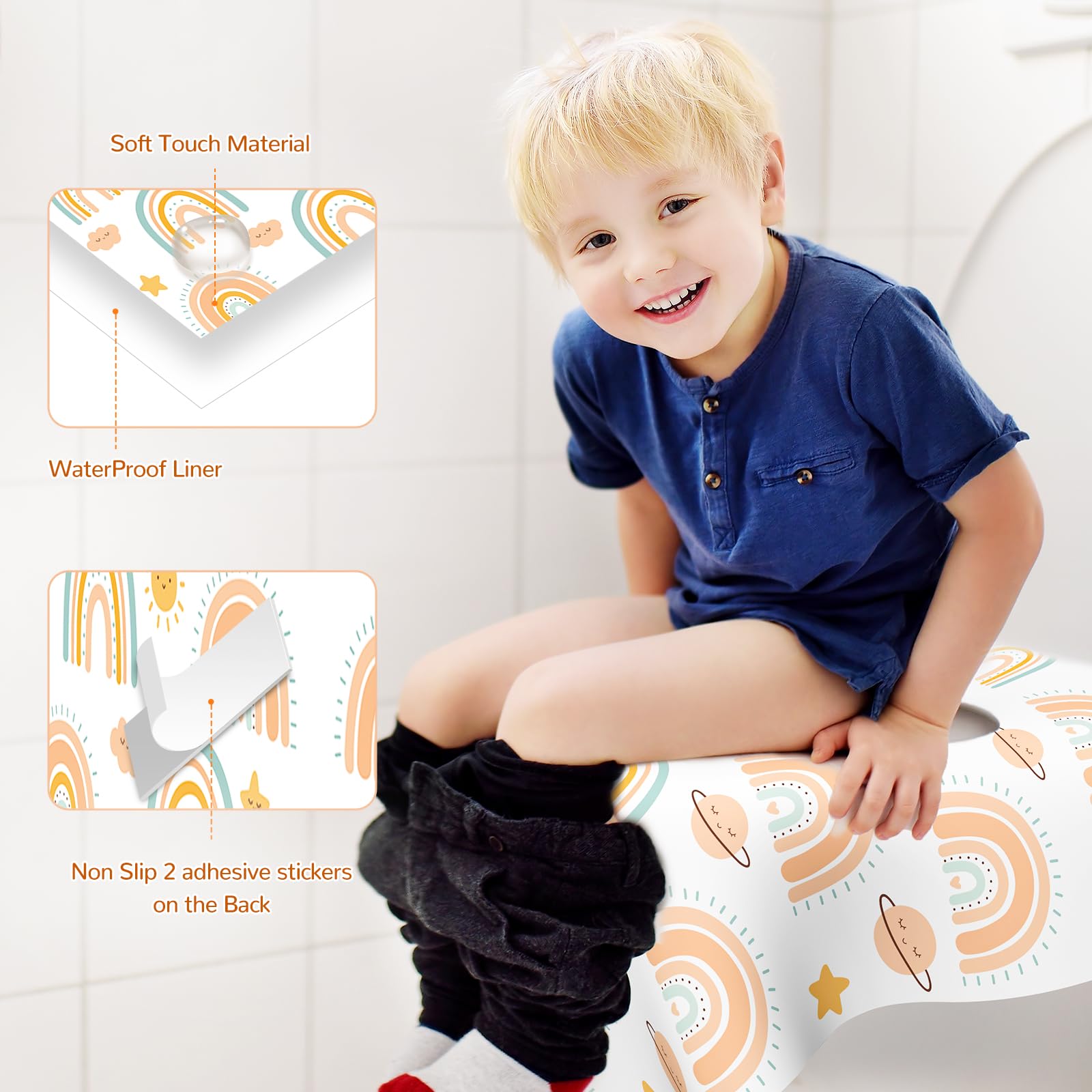 30 Pack Rainbow Toilet Seat Covers Disposable Extra Large 24x25 inches Waterproof Potty Training for Kids Adults Travel Public Restroom No Slip Adhesive Strips