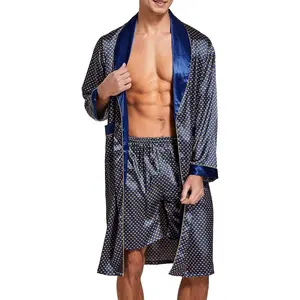 Mens Satin Robe Lightweight Silk Long Sleeve Bathrobe with Shorts Set Spa Kimono Sleepwear NightwearGift
