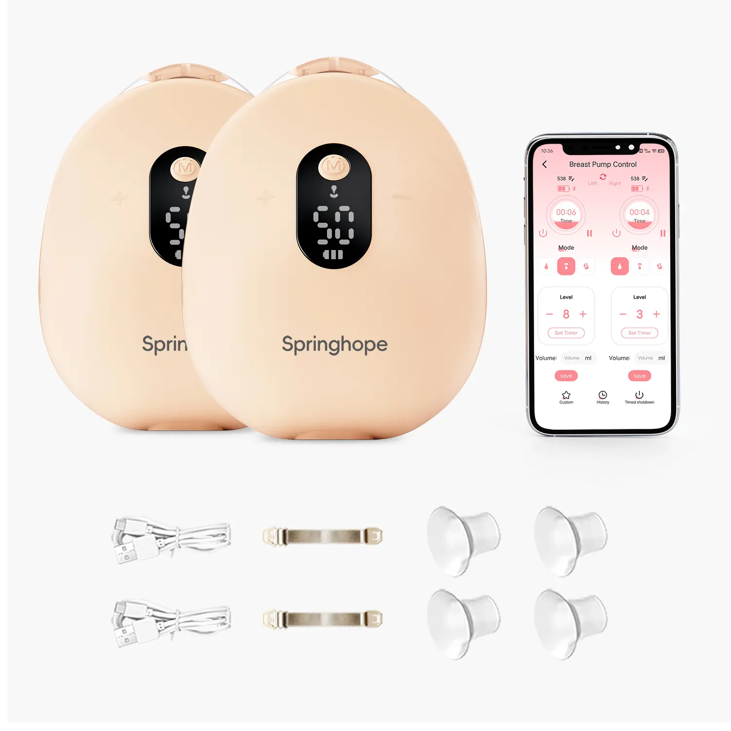 Springhope 2026 No. 538 Electric Breast Pump with App Control, Supports Semi-lying Pumping, Wearable & Portable for Travl Breastfeeding, Hands-Free 3 Modes 12 Levels, Night Light, 24/21/19mm Silicone Flange, 2 Pcs