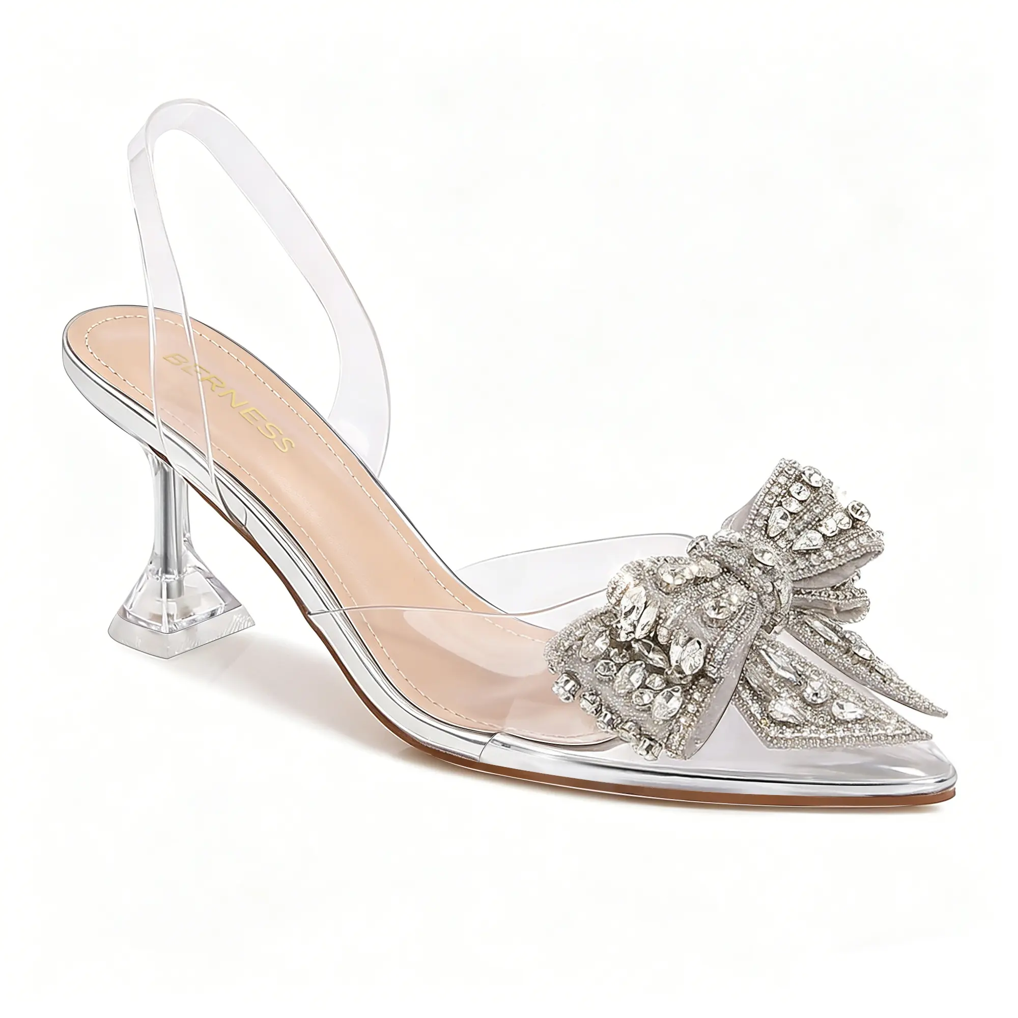 BERNESS Nina Crystal Bow Kitten Heels for Women Clear Pointed Toe Slingback Pumps with Rhinestone Decor and Cushioned Memory Foam Insole Classy Wedding Party Summer Shoes