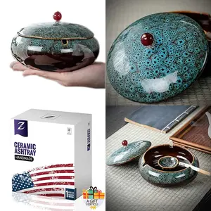 5.7" Ceramic Ashtray with Lids Windproof Cigarette Ashtray for Indoor or Outdoor Use Ash Holder for Smokers Desktop Smoking Ash Tray for Home Office Decoration