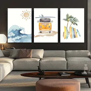 2D flat painting, three-piece wooden frame wall art, beach and coastal decoration, ocean-themed canvas prints, creative design artwork, perfect as a gift for living room, bedroom, or office decoration