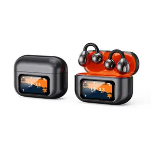 U-shaped open-ear Bluetooth earbuds with a clip-on design; charging case features touch controls; powerful bass with deep low-frequency response; ideal for running and workouts; compatible with Apple and Android devices; lightweight design