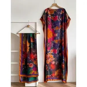 MooMoo Women's Colorblock Print Long Scarf & Poncho Set, Casual Soft Comfortable Shawl for Beach Vacation, Fashion Accessories for Women & Girls, Swimwear Coverups thin all-season wear