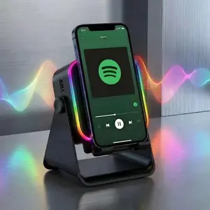 5in1 Phone Holder Speaker, wireless intelligent sensing Bluetooth speaker, 5000mAh/2000mAh rechargeable emergency power bank, 360 ° adjustable mobile tablet desktop holder, gift with colored ambient light, suitable for men and women