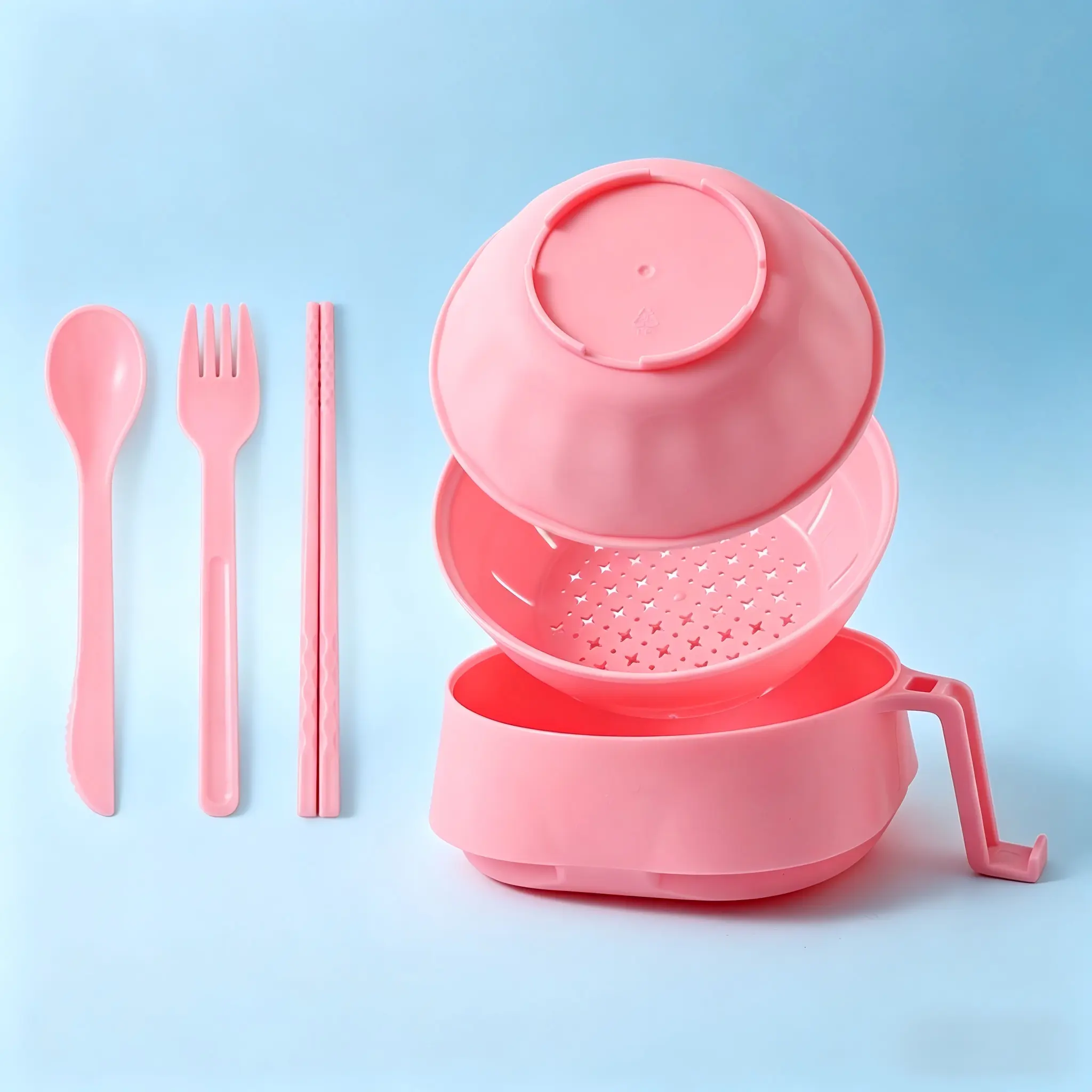 BPA-Free Food-Grade Plastic Multifunctional Tableware Set - Pink*1, Lightweight Stackable Draining Bowl with Strainer, Utensils, Double-Layer Colander Handle for Students, Kitchen Use
