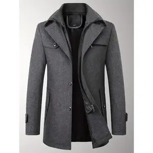 Men's Wool Blend Double Collar Pea Coat Casual Thermal Trench Coat With Removeable Collar Thicken Winter Warm Over Coat
