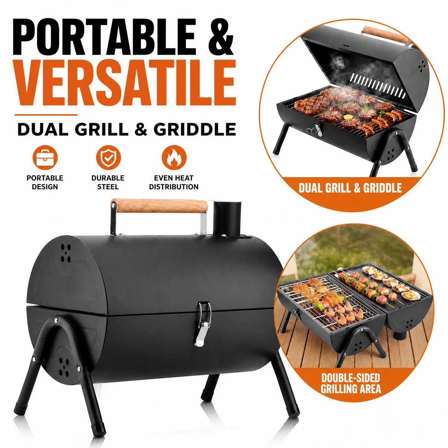 Small BBQ Grill Portable Tabletop Outdoor Smoker Rust Resistant Easy to Set Up with Wooden Handles for Backyard Camping Picnics Beach Patio Parties