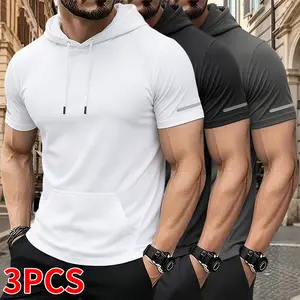 Set of 3 men’s hooded sports T-shirts, quick-drying and breathable, with kangaroo pockets; suitable for running, workouts, and indoor fitness activities; solid color, short-sleeve design; summer clothing, men’s short sleeves.