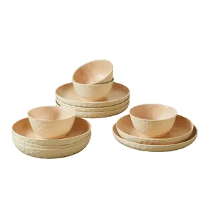 12-Piece Bamboo Melamine Dinnerware Set, Faux Brown Wood
