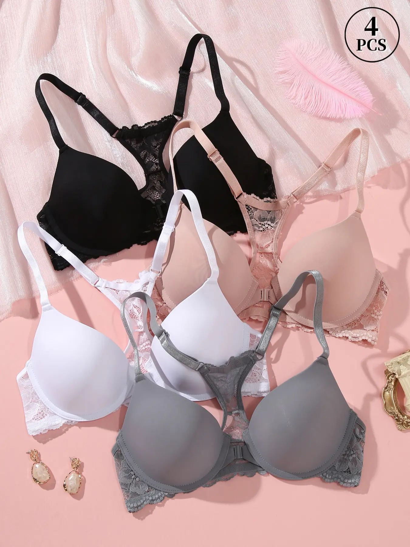 4PCS Lace Patchwork Front Buckle Fit Push-Up Bra, Womenswear, Comfortable Breathable Adjustable Straps, Pure Color Style Easy Wear, Daily & Special Occasions, Lace Bras