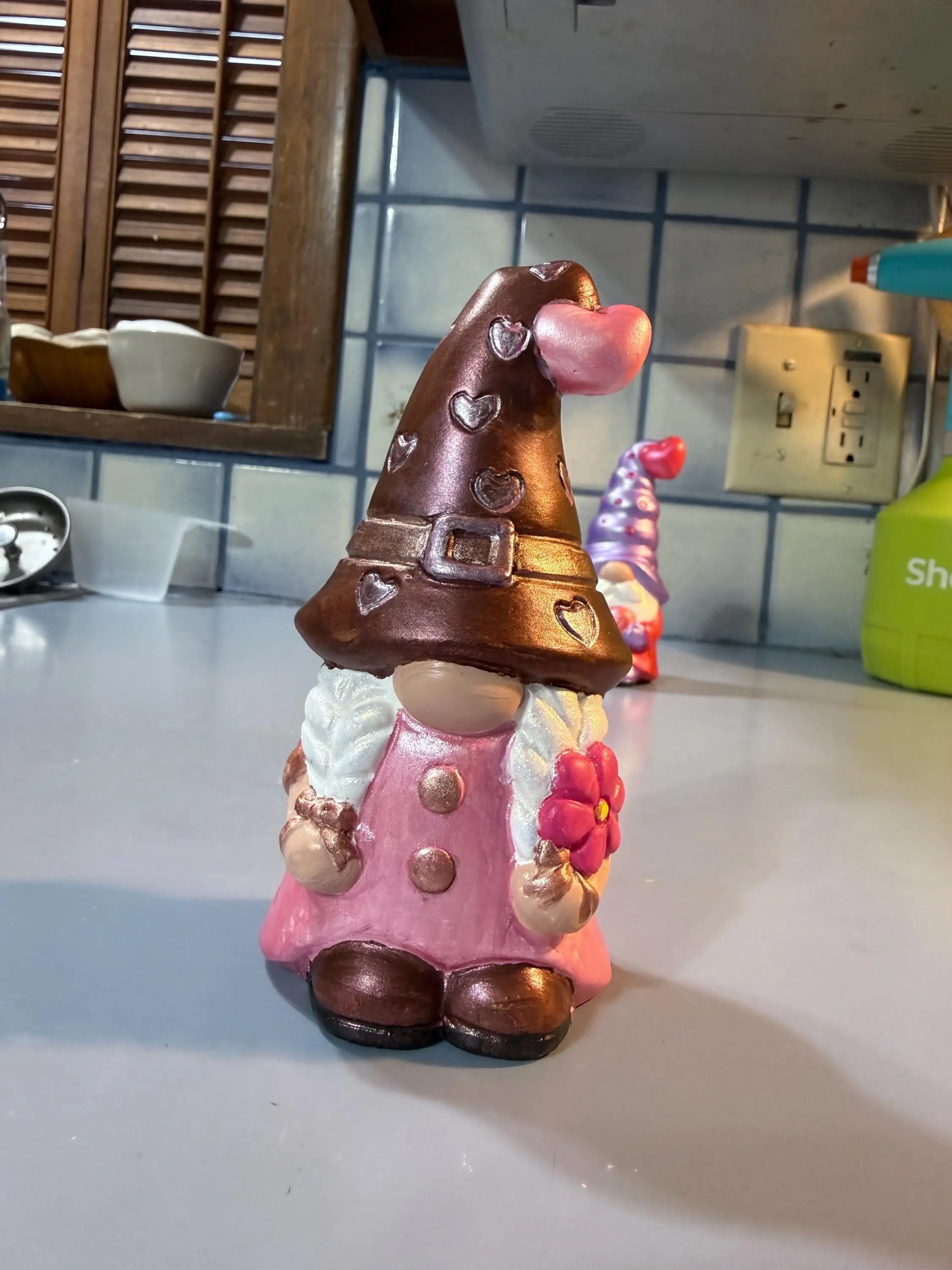 Hand Painted Ceramic Valentine Gnome, Chocolate Heart Hat, One of a Kind Gnome Figurine, Shimmery Boho Decor Gift